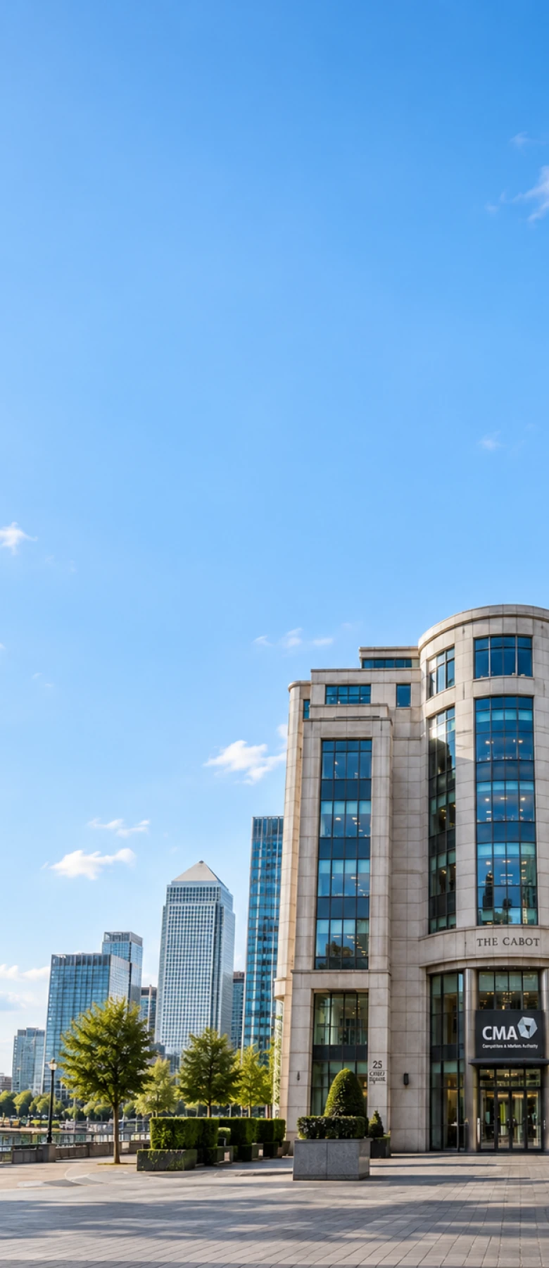 The Cabot at 25 Cabot Square in London's Canary Wharf, home to the UK Competition and Markets Authority, one of the regulatory bodies whose committee and hearing activity Matterwire tracks for timing signals.