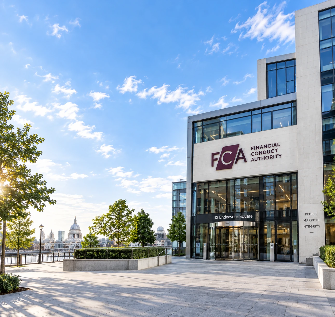 The UK Financial Conduct Authority's 12 Endeavour Square building in London, representing the United Kingdom jurisdiction Matterwire monitors alongside the US, France, and the EU.