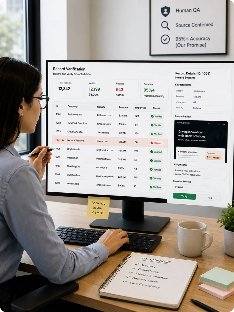 A verifier checking extracted records against their sources, with each row marked verified or flagged