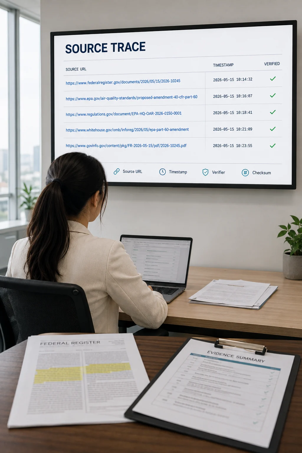 An analyst at a wall display listing five verified source addresses with the exact time each was captured, beside a highlighted Federal Register page and a printed evidence summary